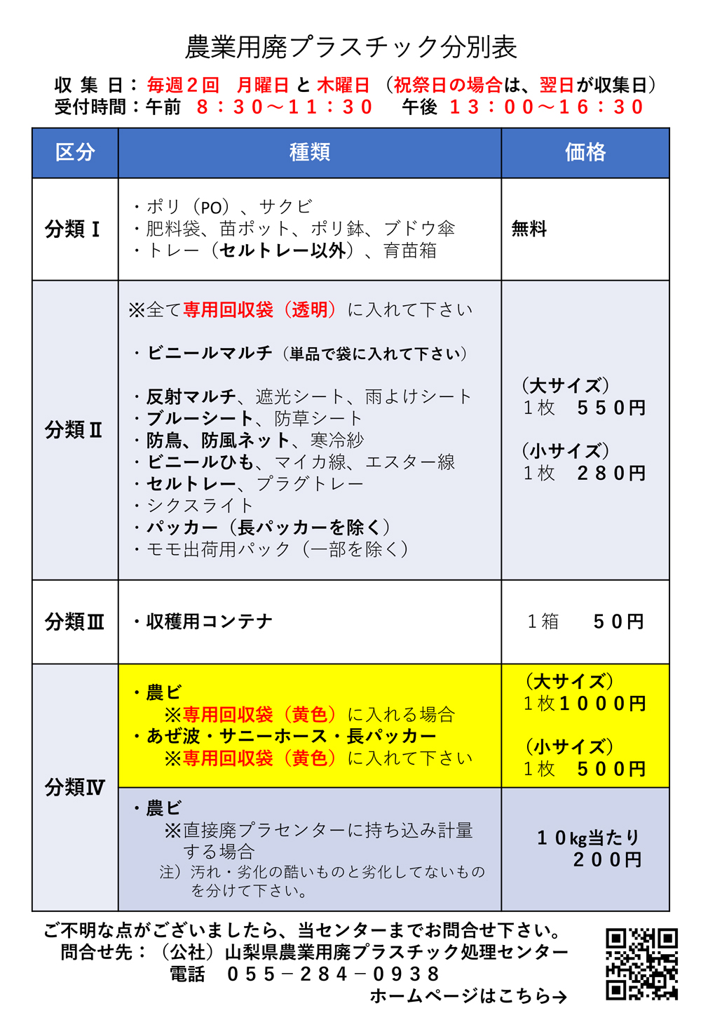 農業用廃プラスチック回収分類表（PDFダウンロード）